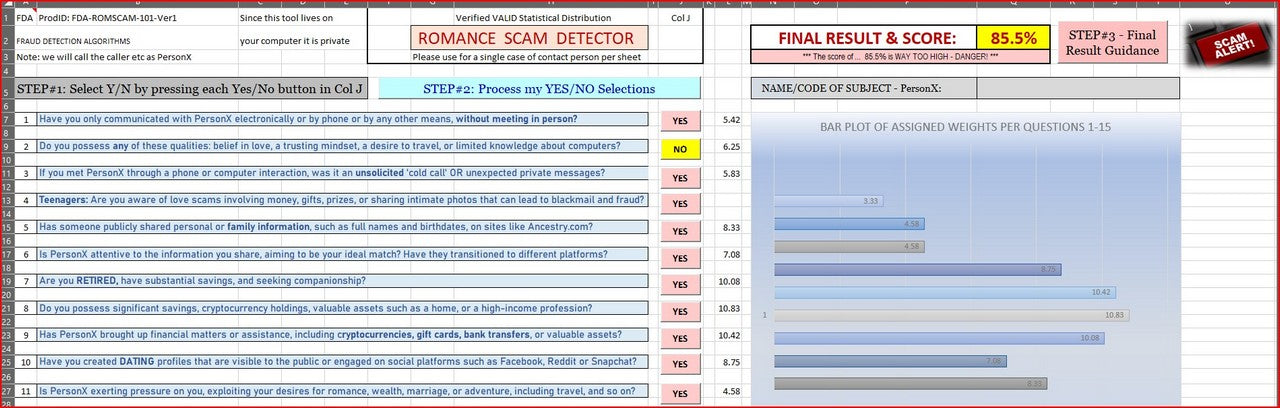Romance SCAM Detector Tool Download - Excel program - all your info remains PRIVATE