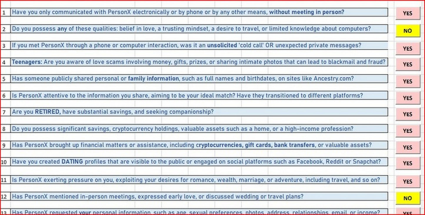 Romance SCAM Detector Tool Download - Excel program - all your info remains PRIVATE